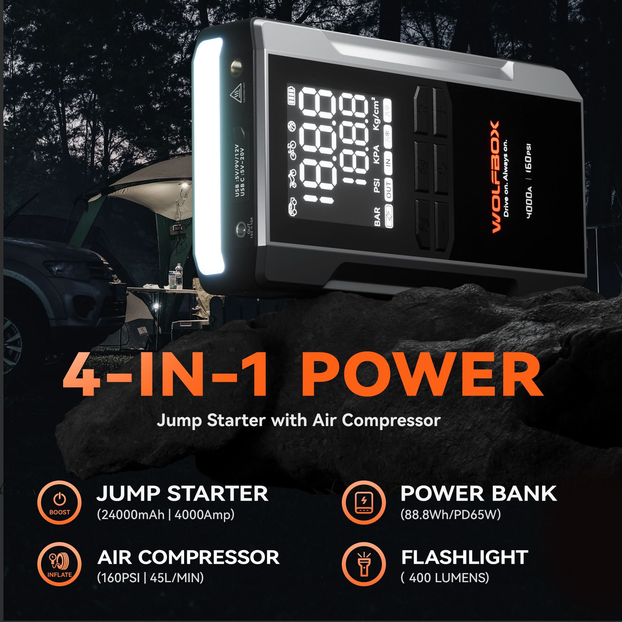 Jump Starter with Air Compressor Tire Inflator 4-in -1 | Wolfbox MegaVolt 24Air