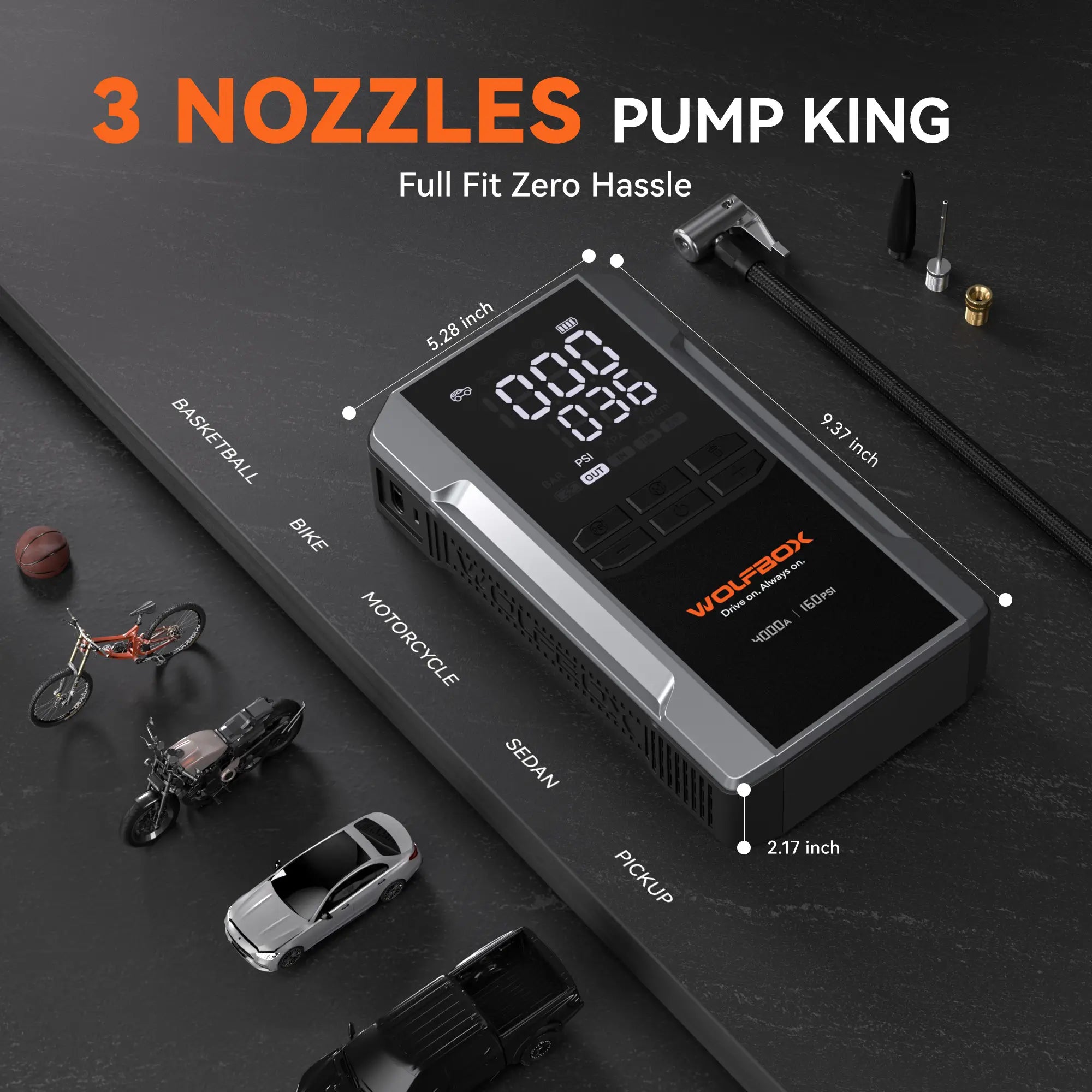 Jump Starter with Air Compressor Tire Inflator 4-in -1 | Wolfbox MegaVolt 24Air