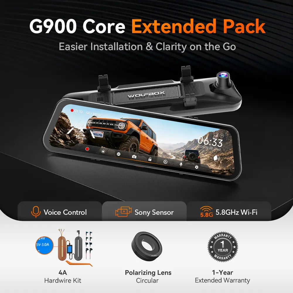 WOLFBOX G900 Core 12" 4K Front and 1080P Rear STARVIS 2 IMX678 Mirror Dash Cam