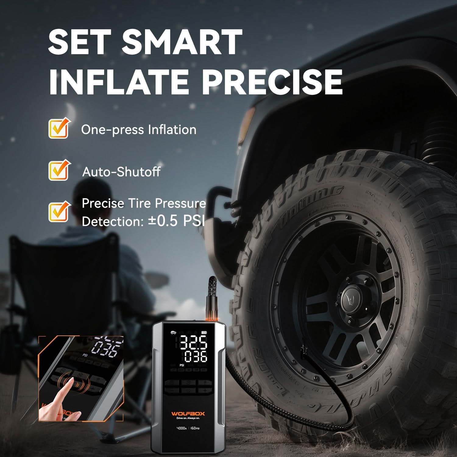 Jump Starter with Air Compressor Tire Inflator 4-in -1 | Wolfbox MegaVolt 24Air