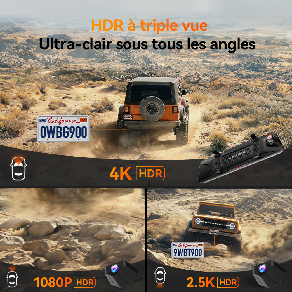 WOLFBOX G900 TriPro – Caméra rétroviseur à 3 canaux, version avec caméra arrière pour pare-chocs