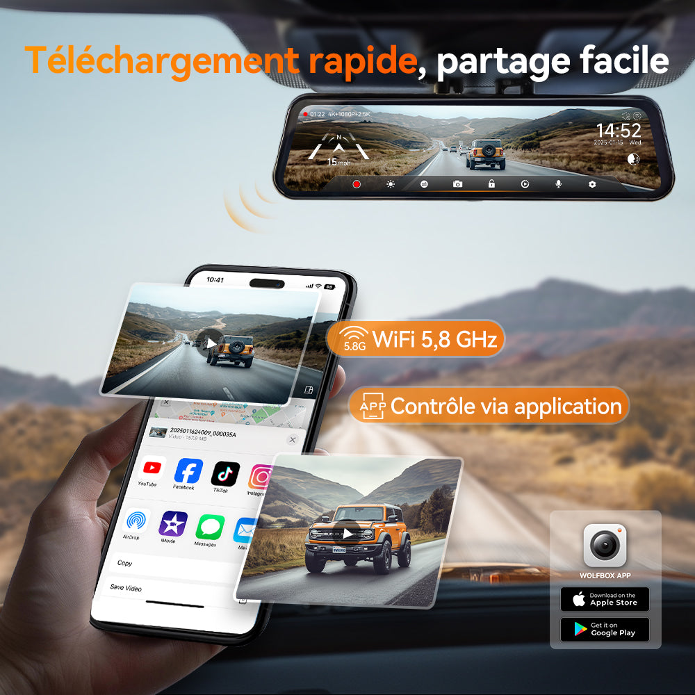 WOLFBOX G900 TriPro – Caméra rétroviseur à 3 canaux, version avec caméra arrière pour pare-chocs