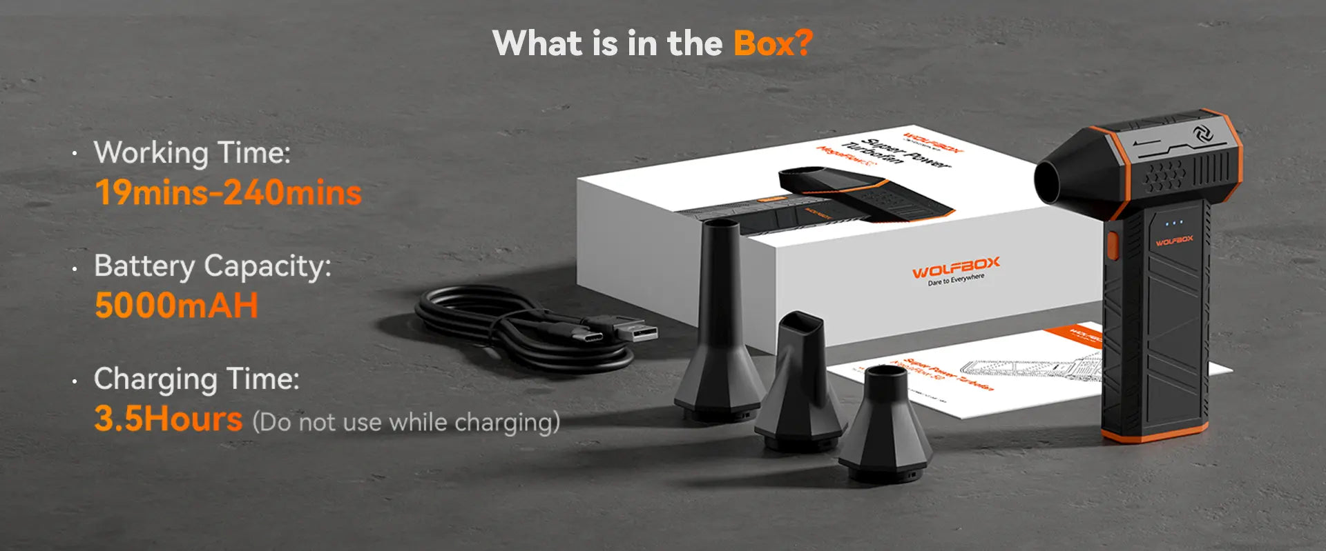 Air duster pack list showing accessories, battery usage time, and charging duration