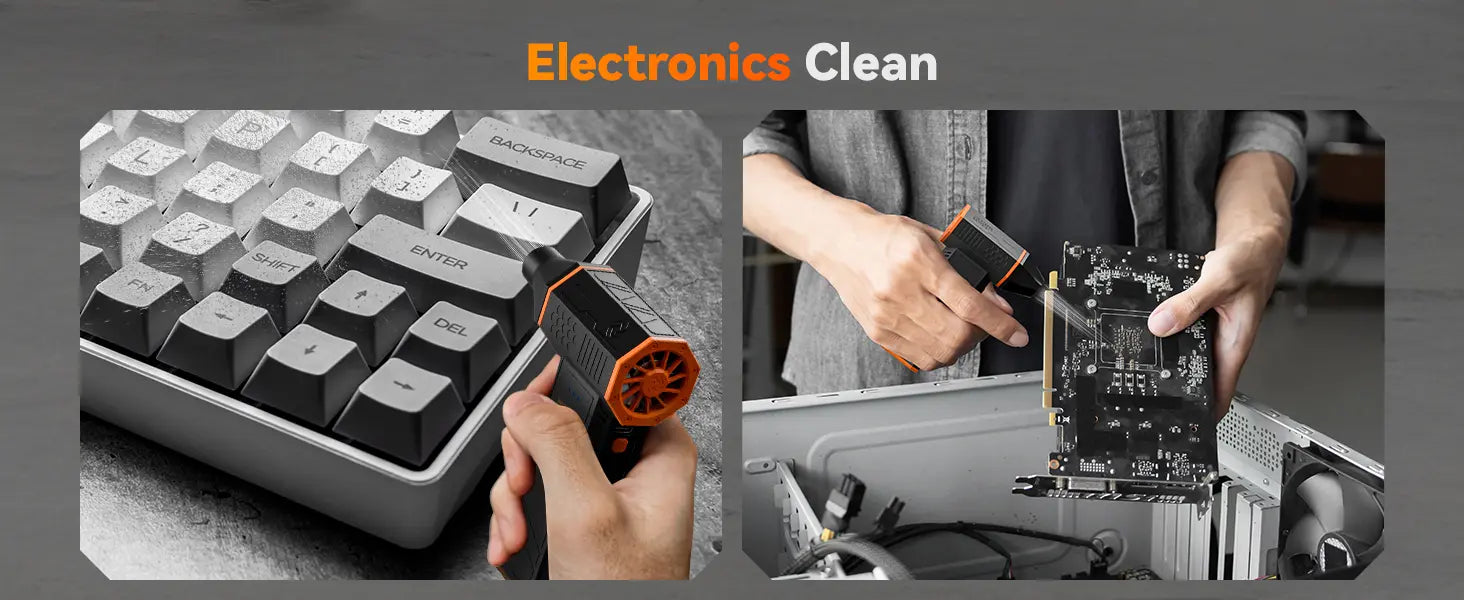 Air duster cleaning keyboard and PC case, safe for electronic devices