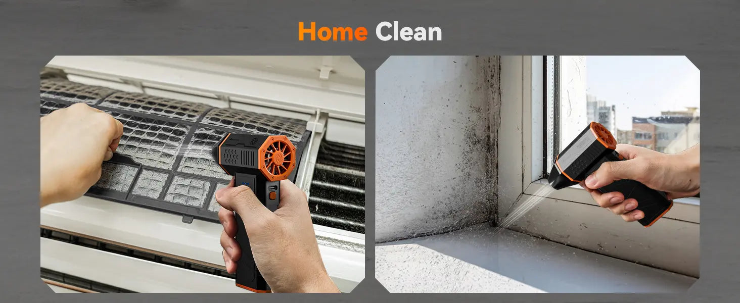 Air duster removing dust from air conditioner and window gaps at home