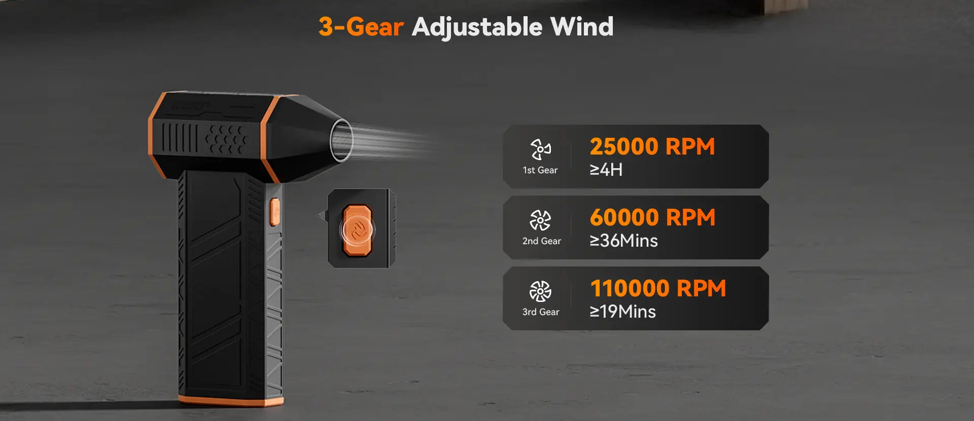 Air duster speed modes display with three adjustable levels and usage time indicators