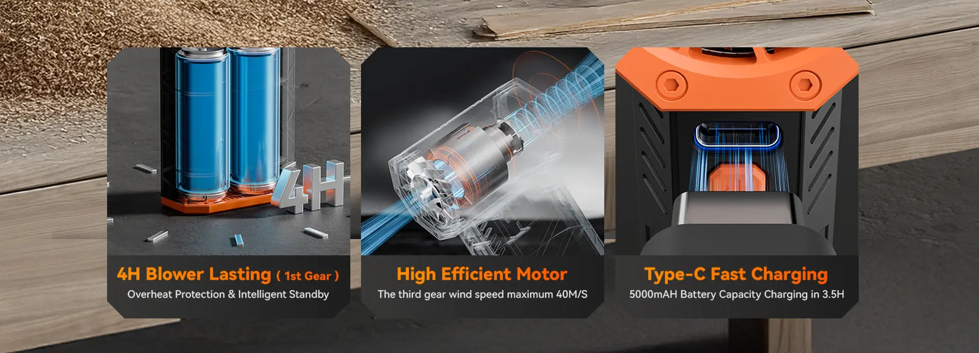 Close-up of air duster motor, battery, and USB-C charging port showing durability and strong performance