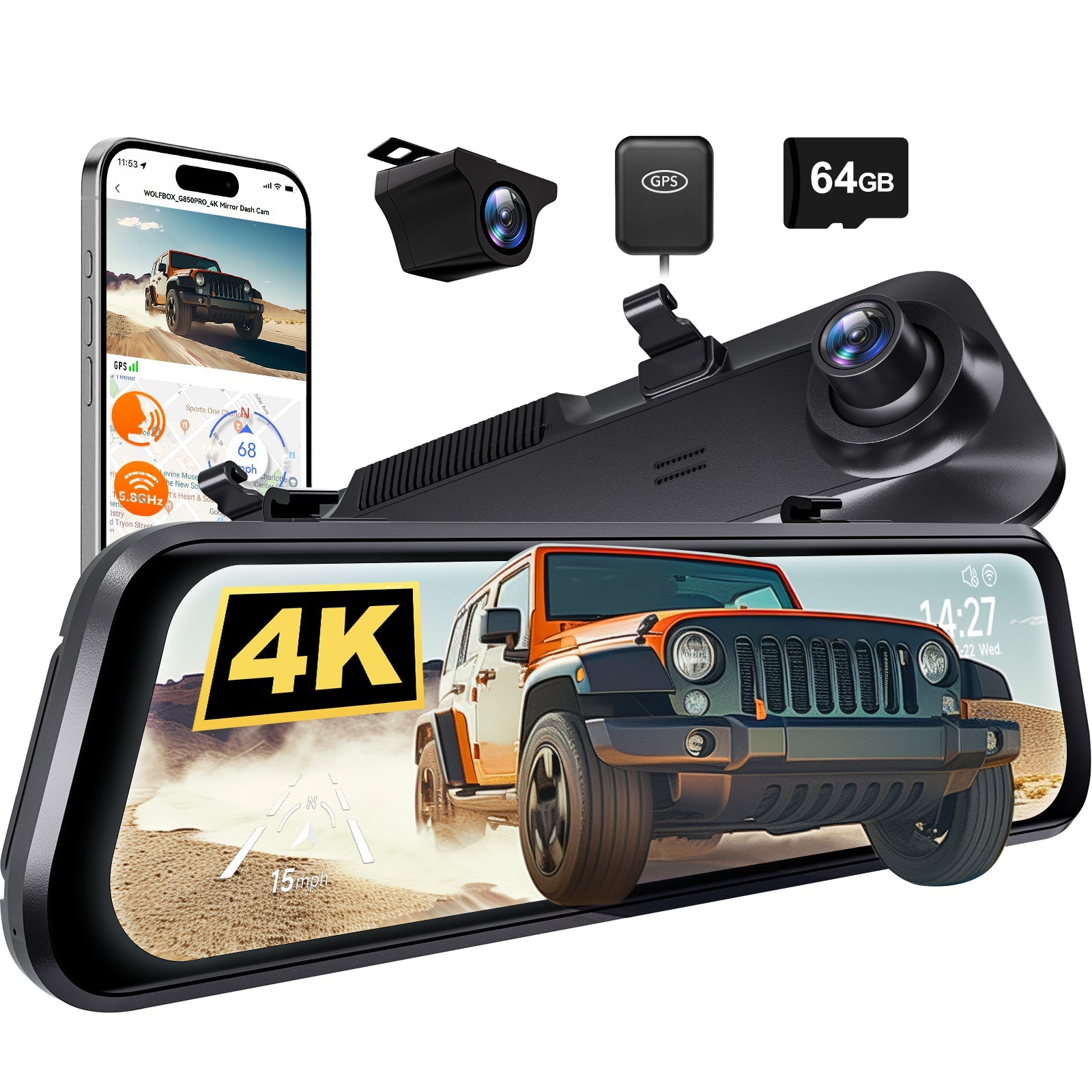 Wolfbox G850Pro Dash Cam | 4K Wifi Car Dash Camera Front and Rear Mirror Dashcam camera WOLFBOX