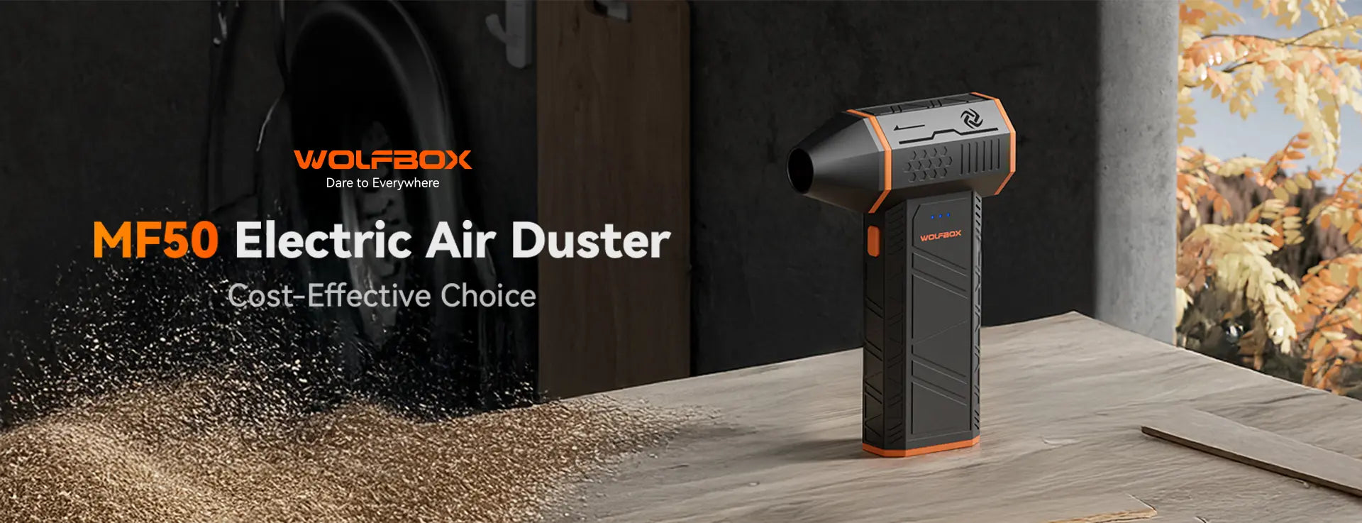 MF50 electric air duster blowing away wood chips, powerful fan for woodworking cleanup