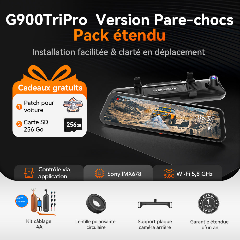 WOLFBOX G900 TriPro – Caméra rétroviseur à 3 canaux, version avec caméra arrière pour pare-chocs