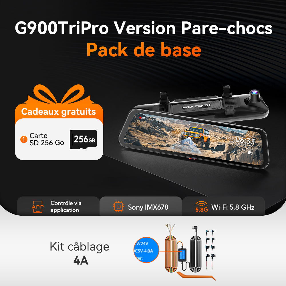 WOLFBOX G900 TriPro – Caméra rétroviseur à 3 canaux, version avec caméra arrière pour pare-chocs