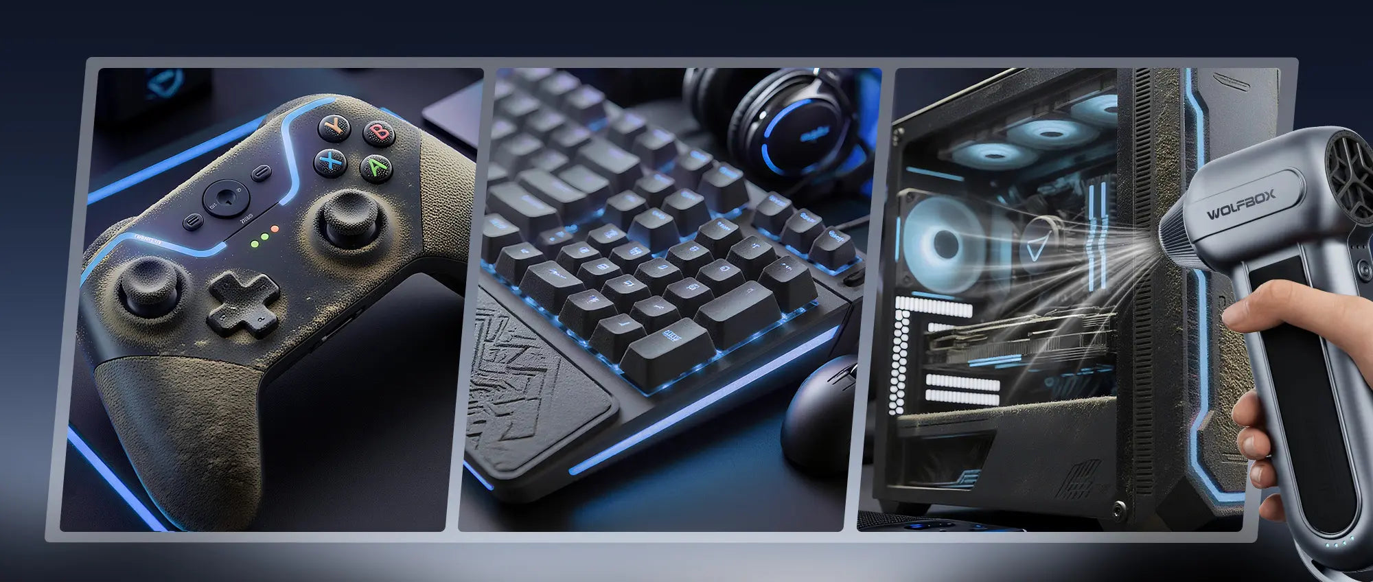 Electric air duster cleaning PC, keyboard, and gaming console