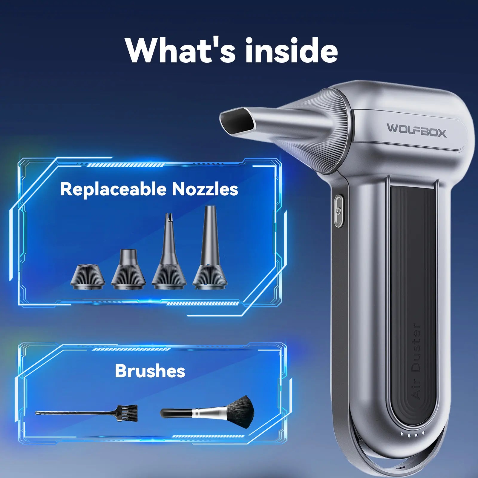 Electric compressed air duster package with replaceable nozzles and cleaning brush accessories