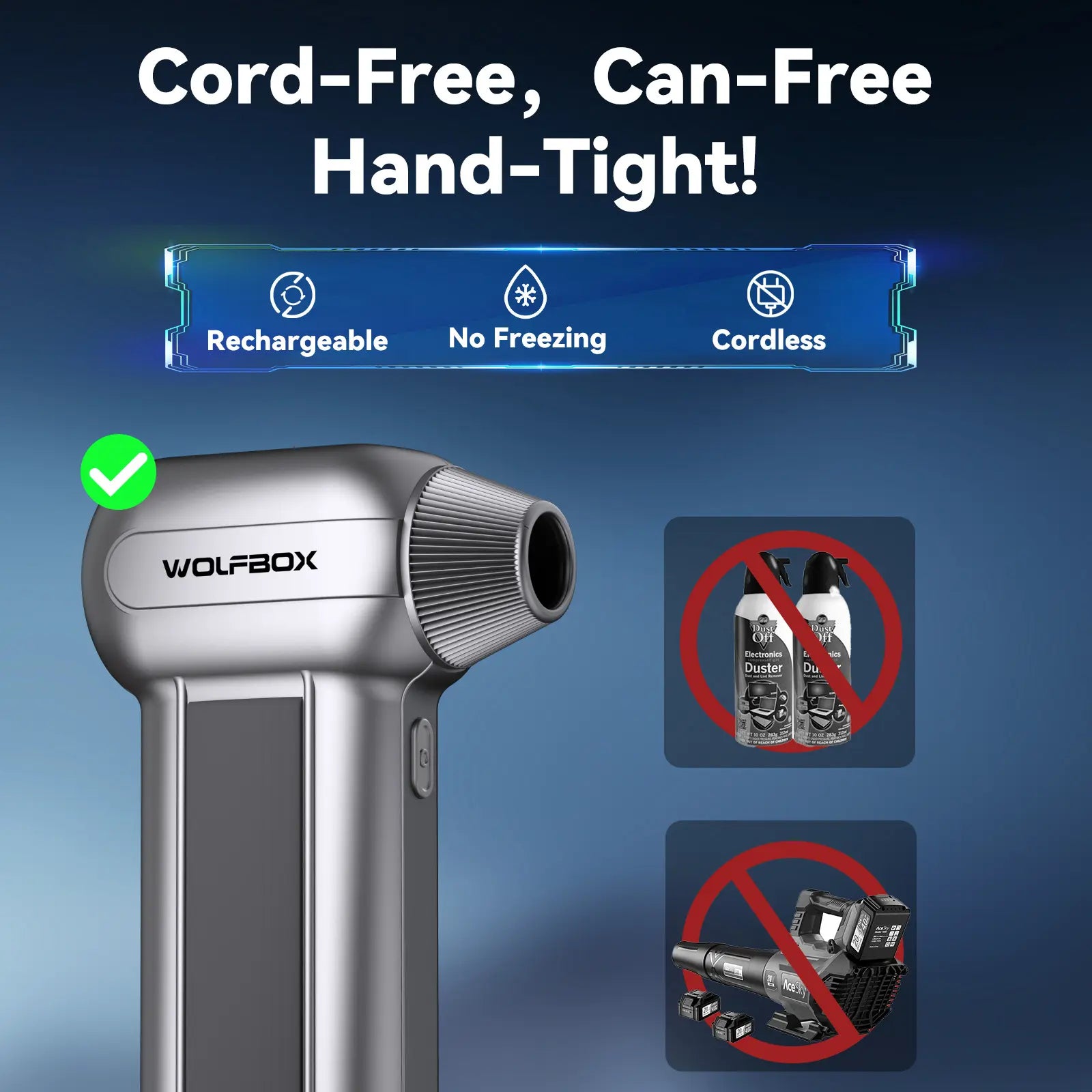 Cordless electric air duster compared with canned air and blower, reusable and moisture free