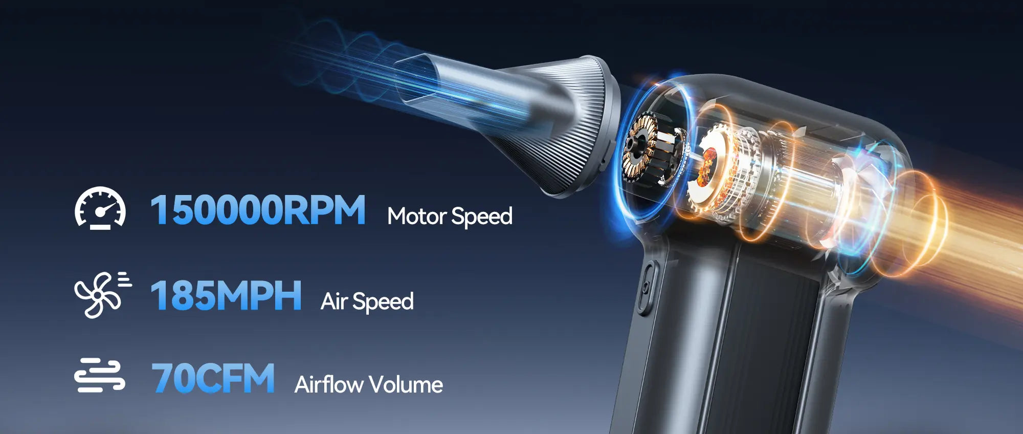 Electric compressed air duster with key specifications and internal design