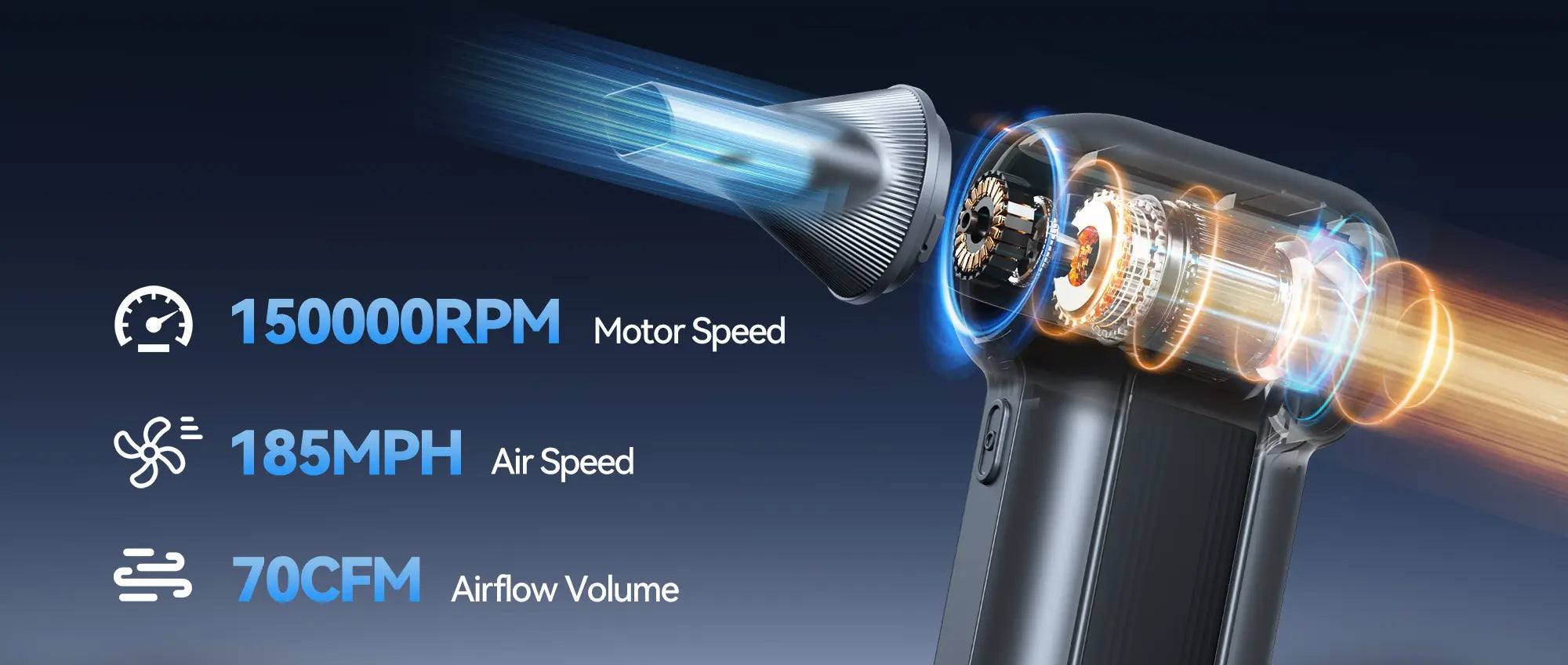 Electric compressed air duster with key specifications and internal design