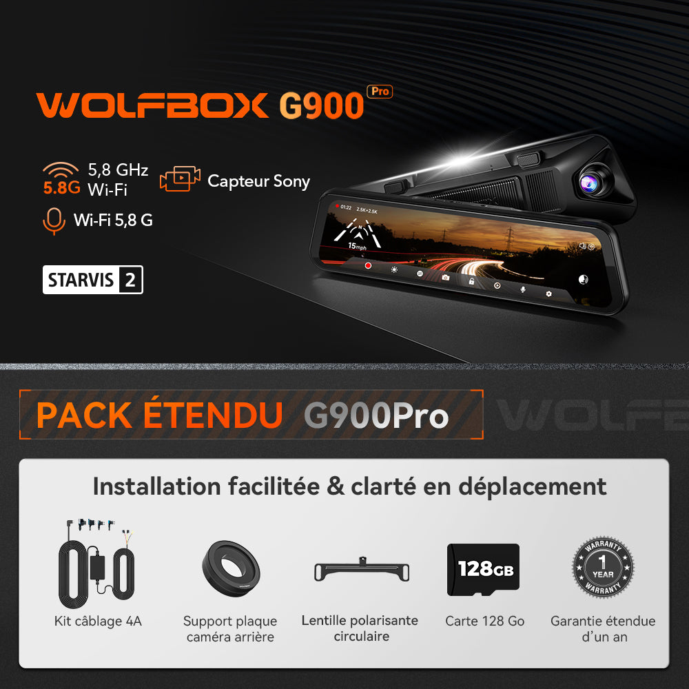 WOLFBOX G900Pro – Rétroviseur intelligent avec caméra embarquée, écran tactile WiFi et capteur 12 MP