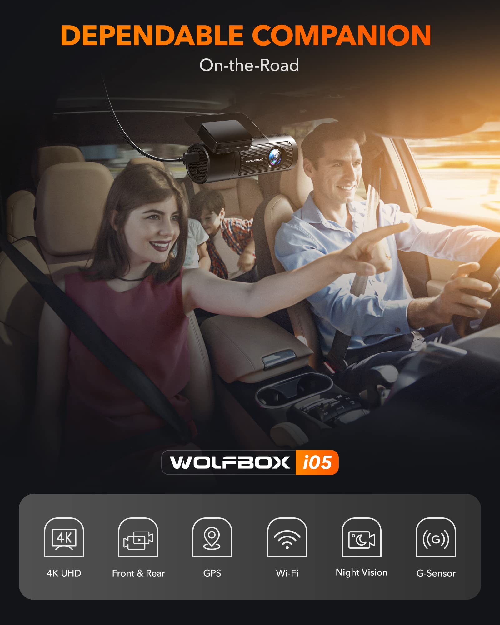 i05 | WOLFBOX Dash Cam Front and Rear, 4K Dash Cam with GPS WiFi UHD 2160P/1600P + 1080P camera wolfboxdashcamera
