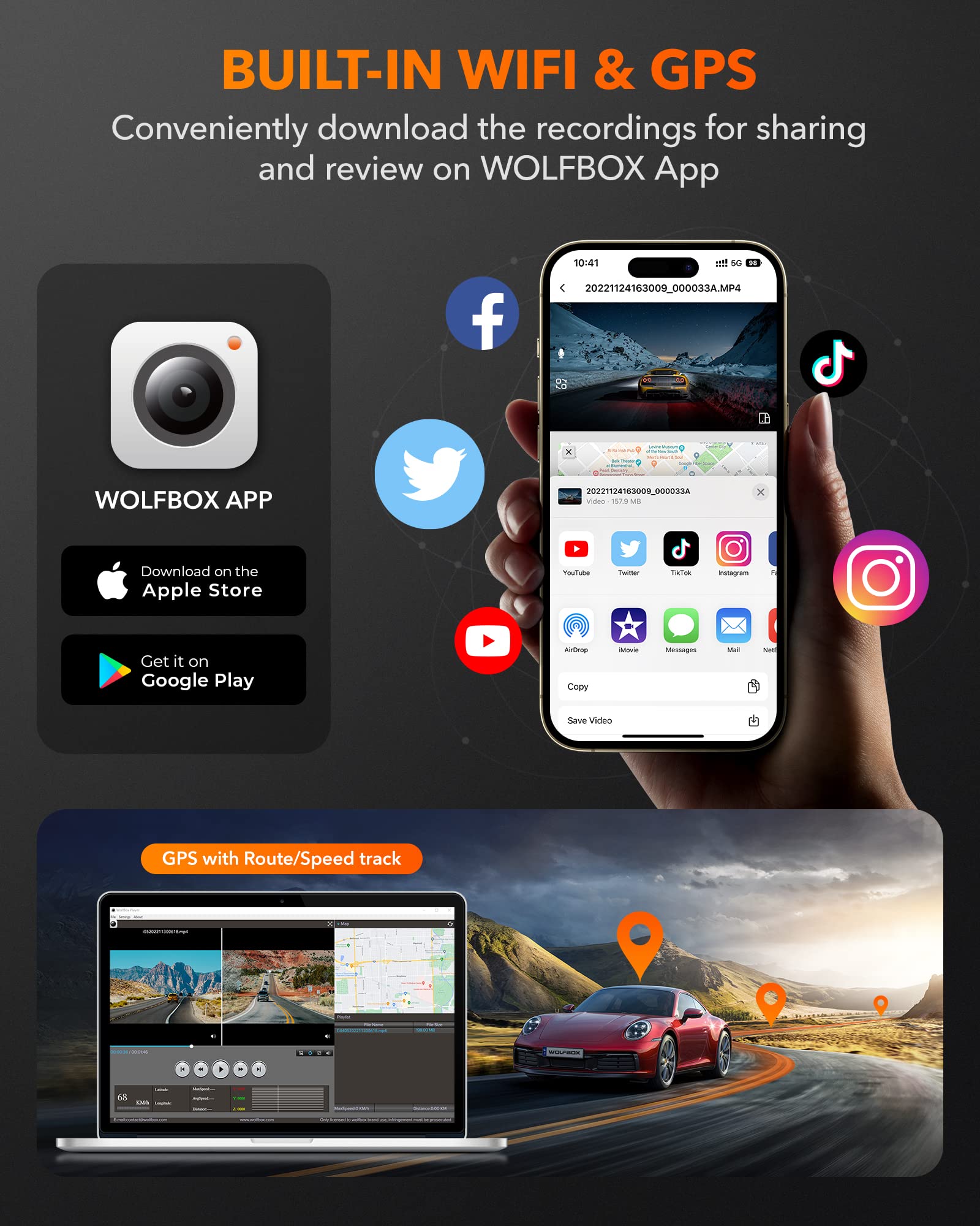 i05 | WOLFBOX Dash Cam Front and Rear, 4K Dash Cam with GPS WiFi UHD 2160P/1600P + 1080P camera wolfboxdashcamera