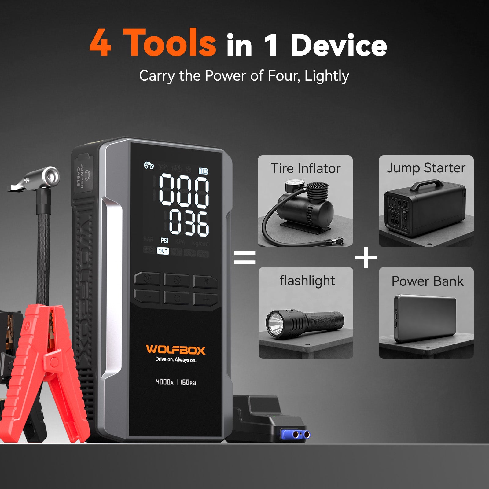 4-in-1 Jump Starter with Air Compressor & Tire Inflator | WOLFBOX Mega