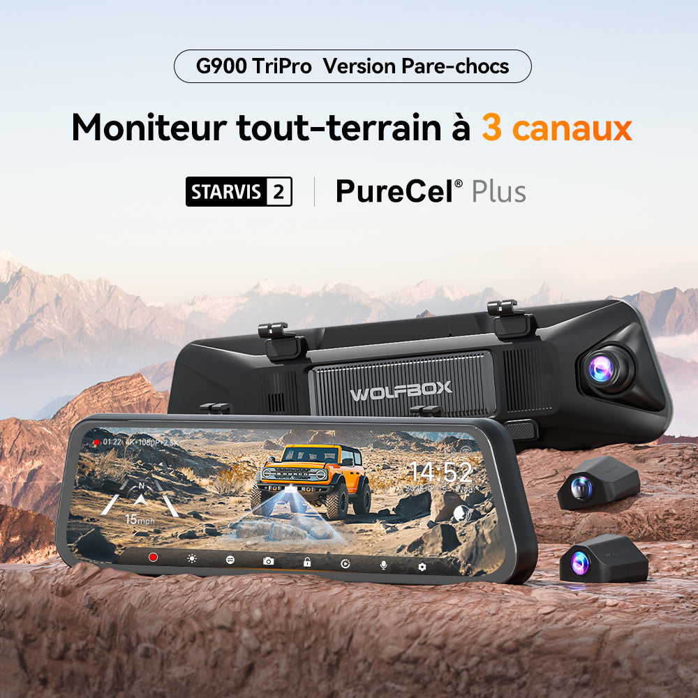 WOLFBOX G900 TriPro – Caméra rétroviseur à 3 canaux, version avec caméra arrière pour pare-chocs