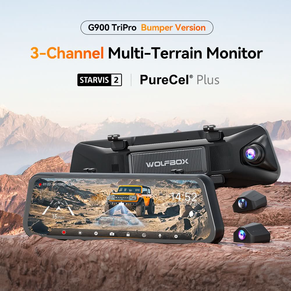 WOLFBOX G900 TriPro Bumper Version 3 Channel Rearview Mirror Cam