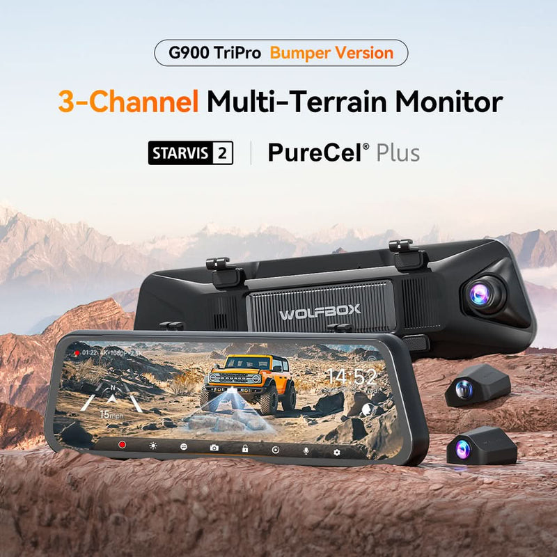WOLFBOX G900TriPro Stoßfänger-Version 3-Kanal Rückspiegel-Kamera