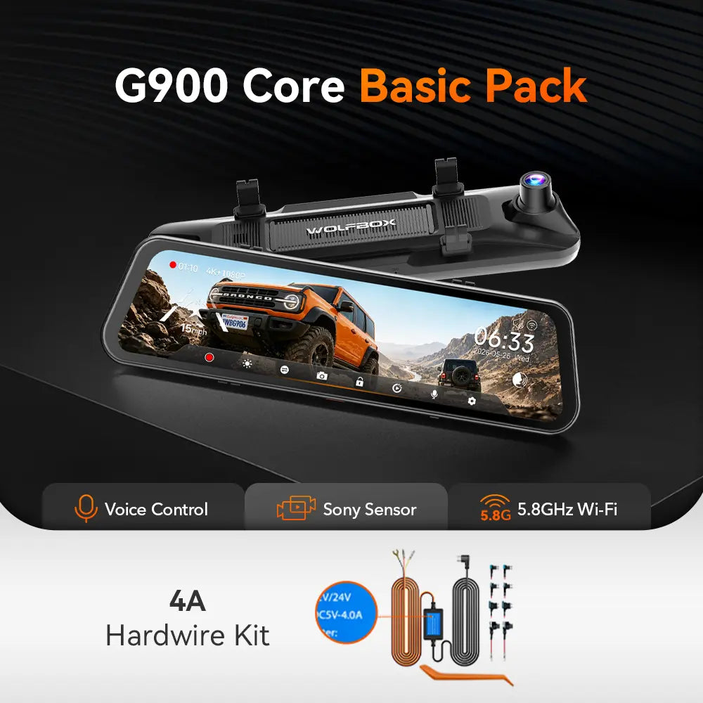 WOLFBOX G900 Core 12" 4K Front and 1080P Rear STARVIS 2 IMX678 Mirror Dash Cam
