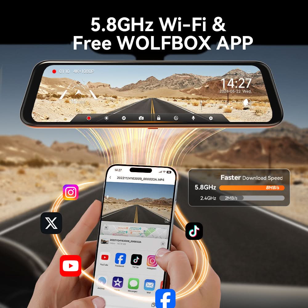WOLFBOX G850 WIFI Rearview Mirror Backup Camera Dash Cam Smart Mirror with Voice Control