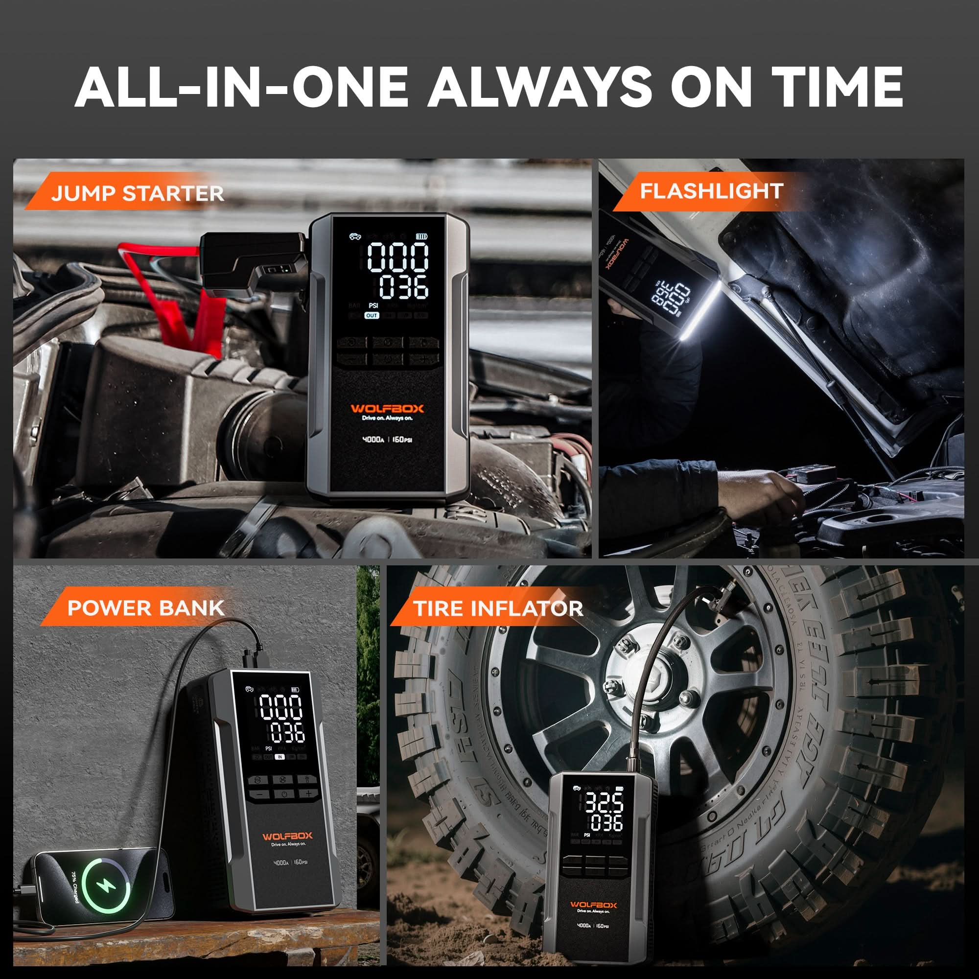 4-in-1 Jump Starter with Air Compressor & Tire Inflator | WOLFBOX Mega