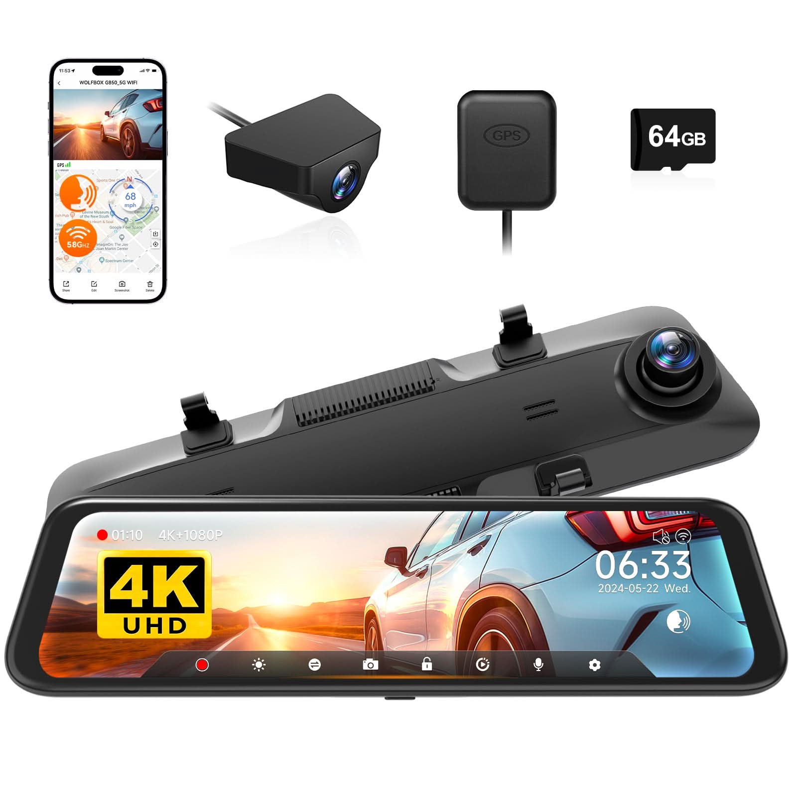 WOLFBOX G850 WIFI Rearview Mirror Backup Camera Dash Cam Smart Mirror with Voice Control