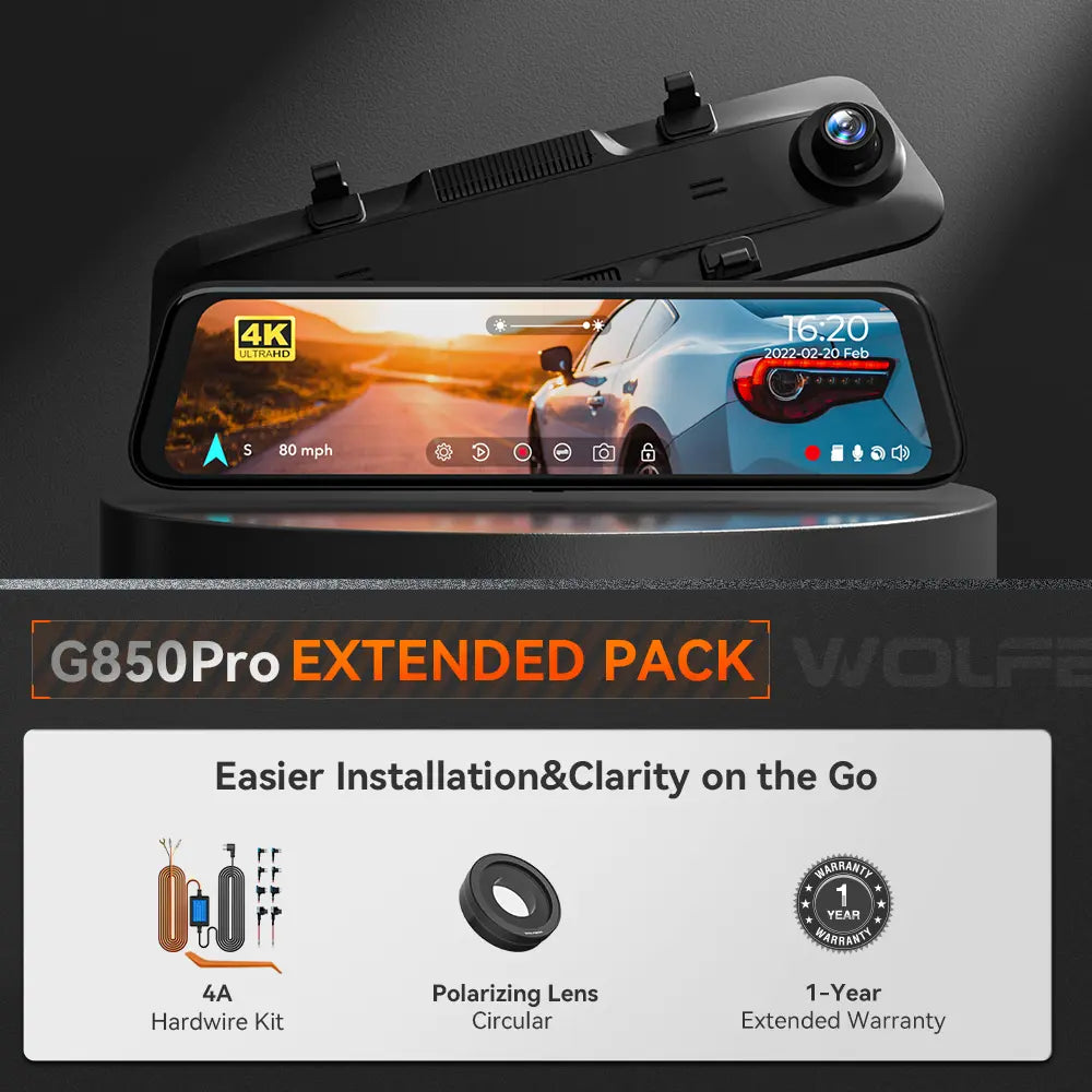 Wolfbox G850Pro Dash Cam | 4K Wifi Car Dash Camera Front and Rear Mirror Dashcam