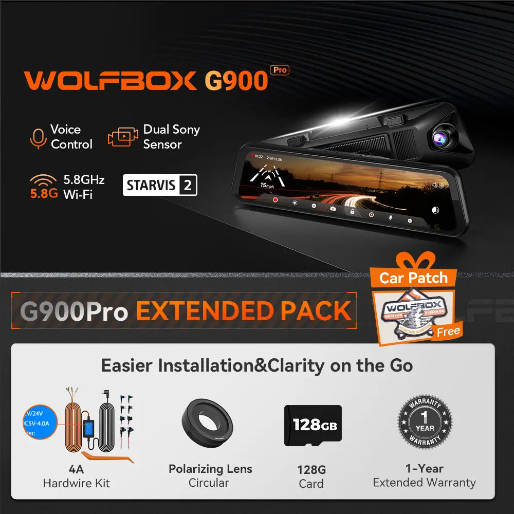 WOLFBOX G900Pro 12MP WiFi Touch Screen Rear View Mirror Dash Cam Smart Mirror