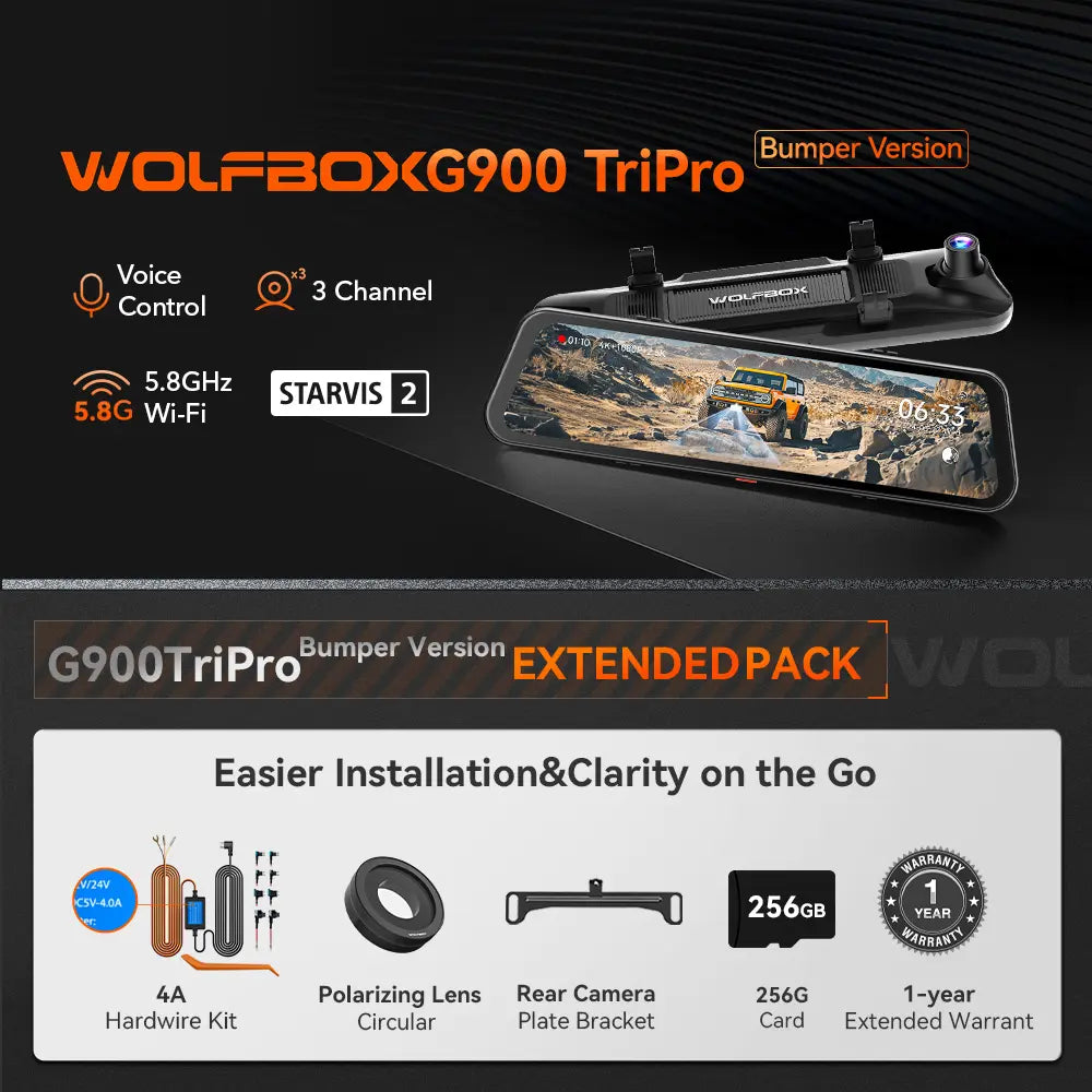WOLFBOX G900TriPro Bumper Version 3 Channel Rearview Mirror Cam