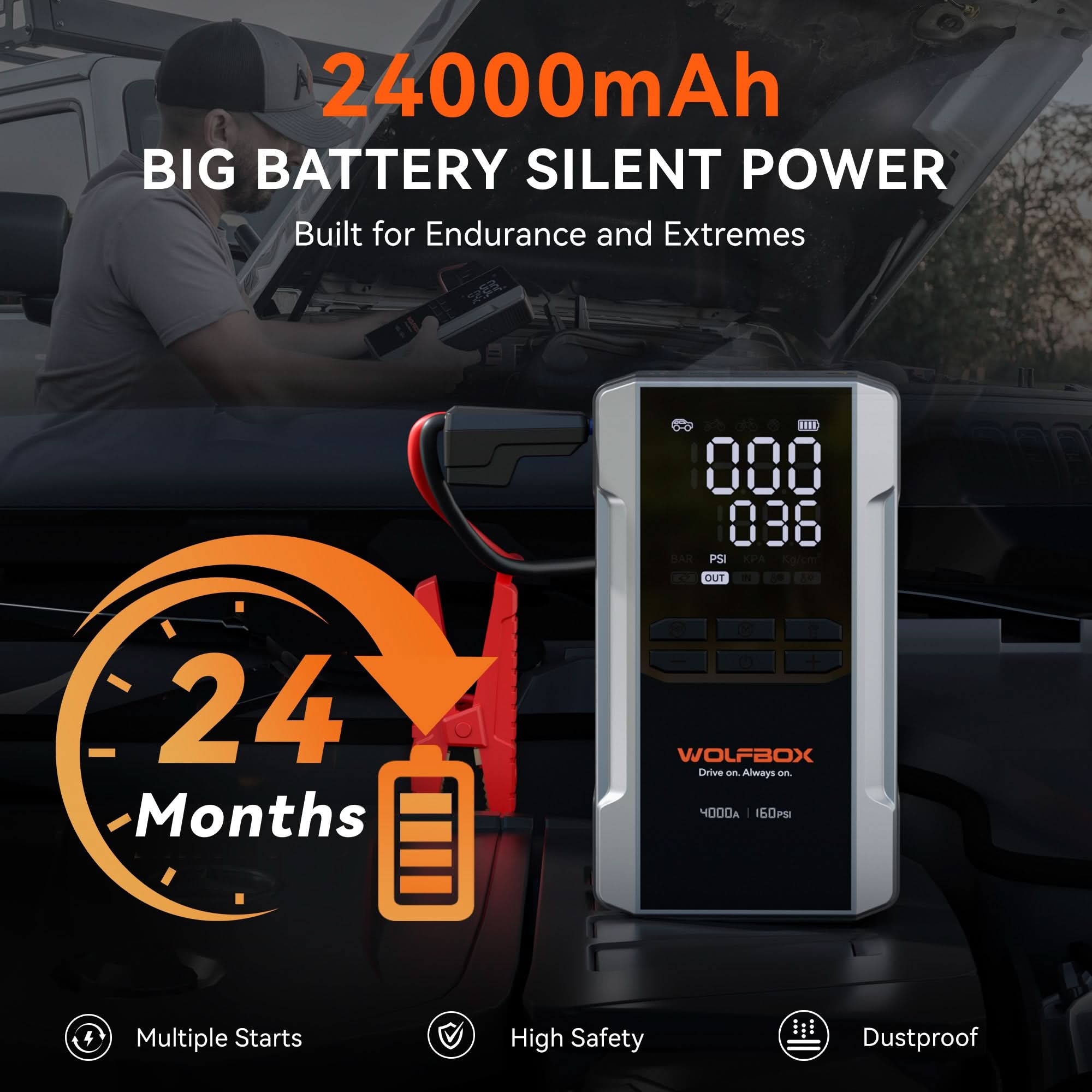 Jump Starter with Air Compressor Tire Inflator 4-in -1 | Wolfbox MegaVolt 24Air