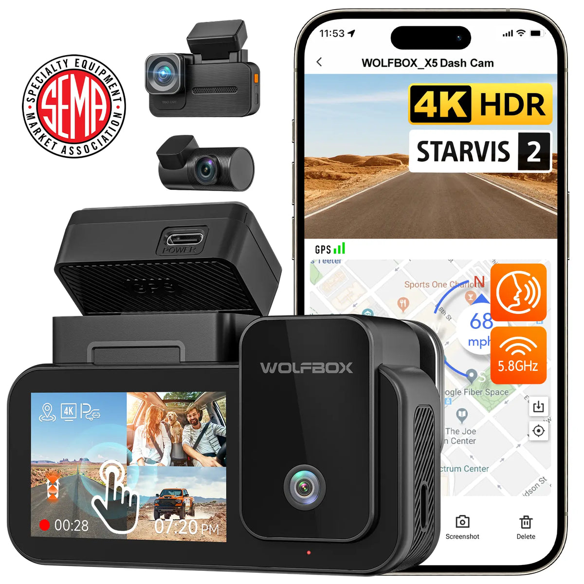 WOLFBOX X5 3-kanals pekskärm WiFi mini-bilkamera