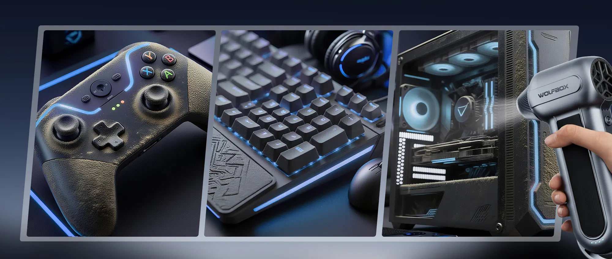 Electric air duster cleaning PC, keyboard, and gaming console

