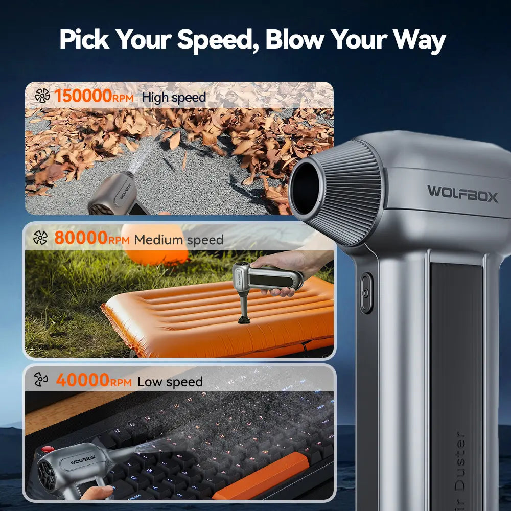 Electric compressed air duster with three speed modes for keyboard cleaning, inflating, and outdoor use