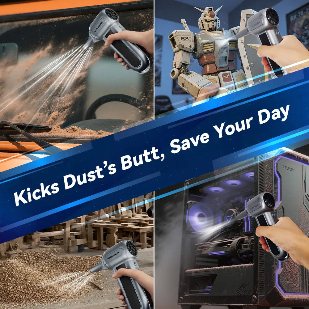 Versatile electric air duster for cleaning PC case, workbench, collectibles, and car windows