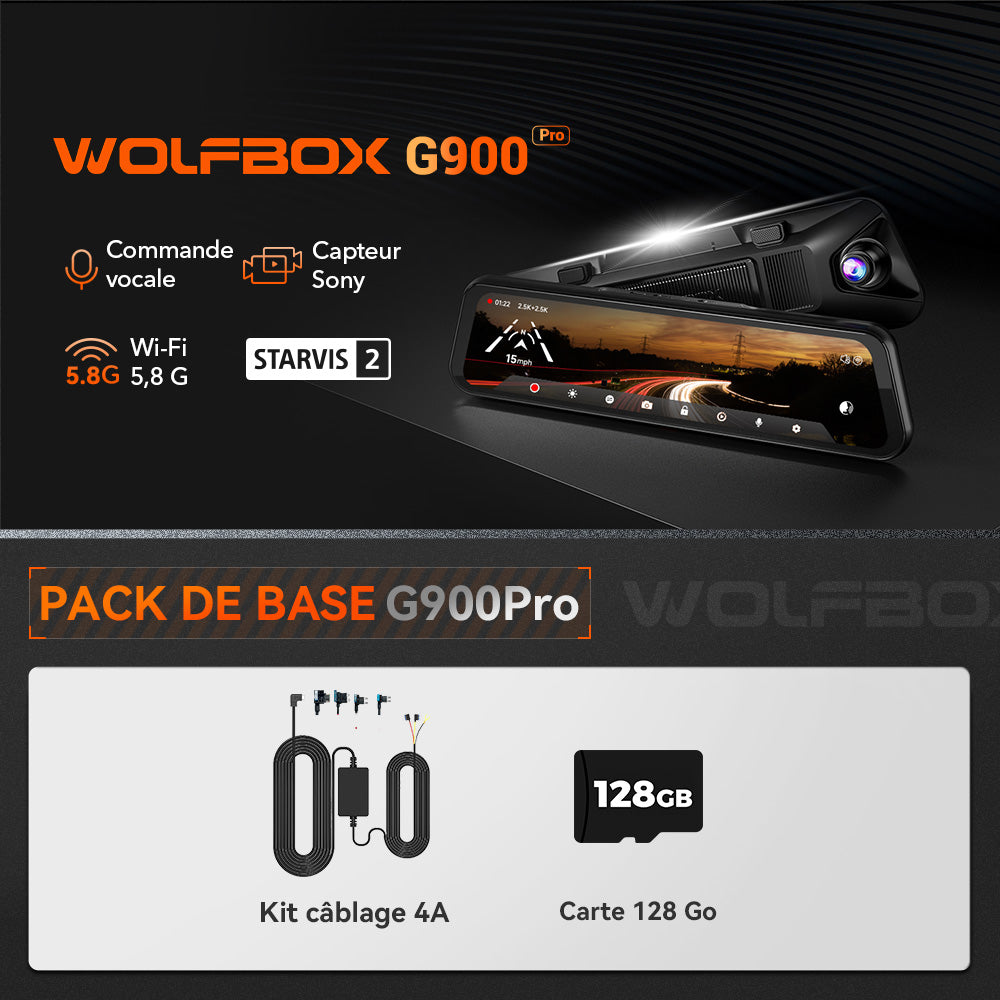 WOLFBOX G900Pro – Rétroviseur intelligent avec caméra embarquée, écran tactile WiFi et capteur 12 MP