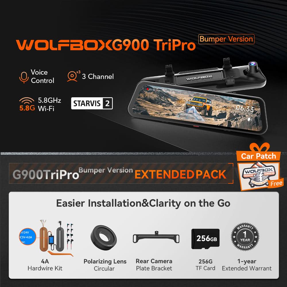 WOLFBOX G900 TriPro Bumper Version 3 Channel Rearview Mirror Cam