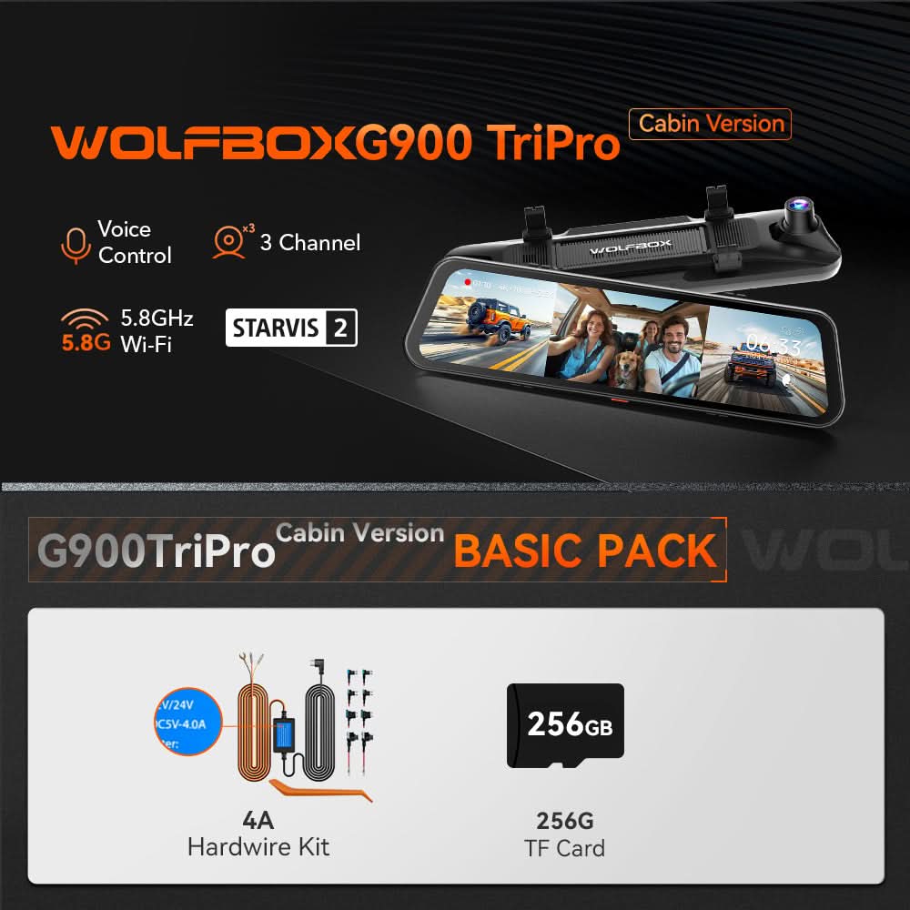 G900 TriPro 4K+2.5K+1080P 3 Channel Cabin Monitor Mirror Dash Cam